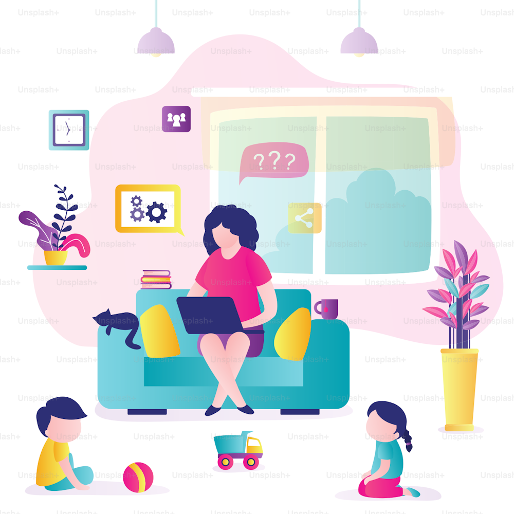 Remote work from home. Businesswoman or female freelancer sits at armchair and works, children play in room. Stress, disadvantages of working from home. Loss of productivity. Flat Vector illustration