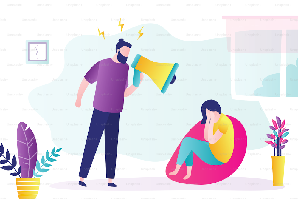 Quarrel in family. Dispute man and woman. Husband screams at his wife, woman cries. Toxic relationships between people, abuse concept. People characters in trendy style. Flat vector illustration