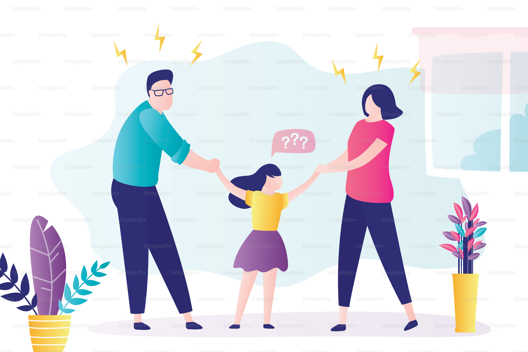 Orang tua beracun. Keluarga marah bertengkar dan berbagi anak. Orang tua kartun bertengkar dan anak perempuan bingung. Hubungan beracun antar orang, pelecehan. Konflik keluarga. Ilustrasi vektor datar.