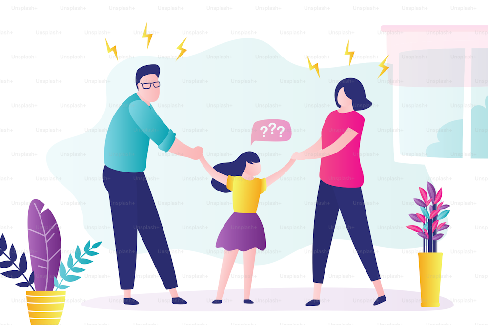Toxic parents. Angry family quarreling and shares child. Cartoon parents quarrel and daughter confused. Toxic relationships between people, abuse. Family conflict. Flat vector illustration.