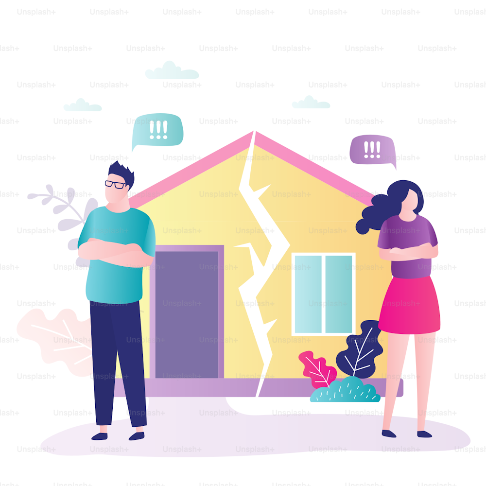 Couple in quarrel. Psychology mental problems concept. Depression and divorce. Relationship family conflict, stress. Ruined family house. Male and female characters. Flat Vector illustration