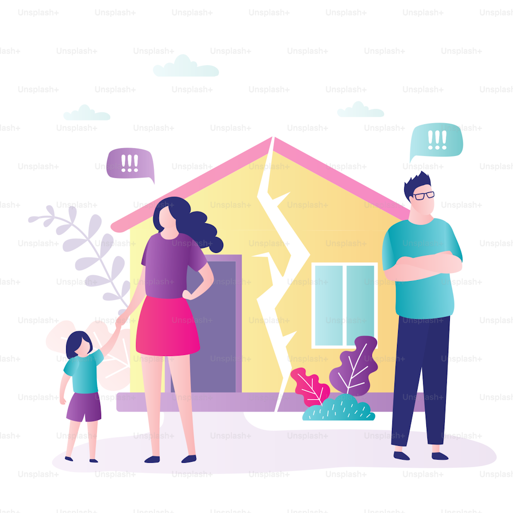 Couple in quarrel. Psychology mental problems concept. Divorce, father leaves family. Daughter with mother. Relationship family conflict, stress. Ruined family house. Flat Vector illustration