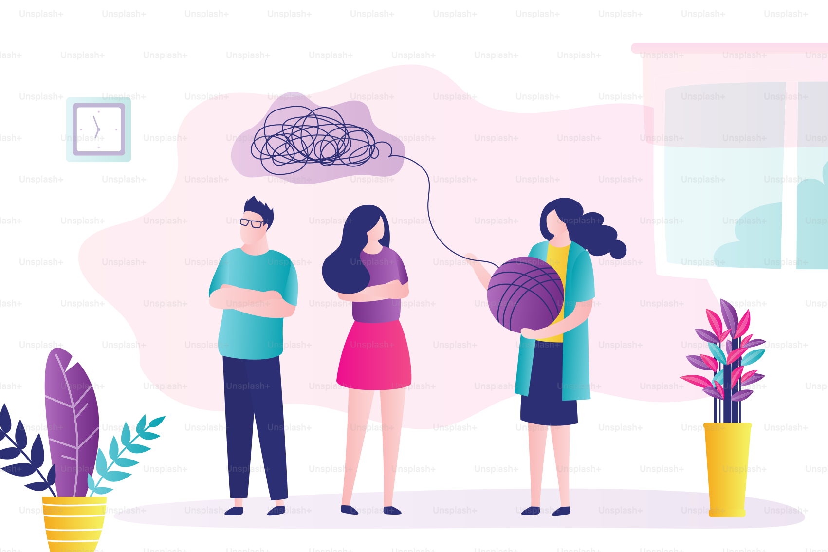 Unhappy couple at consultation with psychologist. Doctor is talking with people. Psychoanalysis, professional solves mental problems. Room interior. Family conflict. Trendy style vector illustration