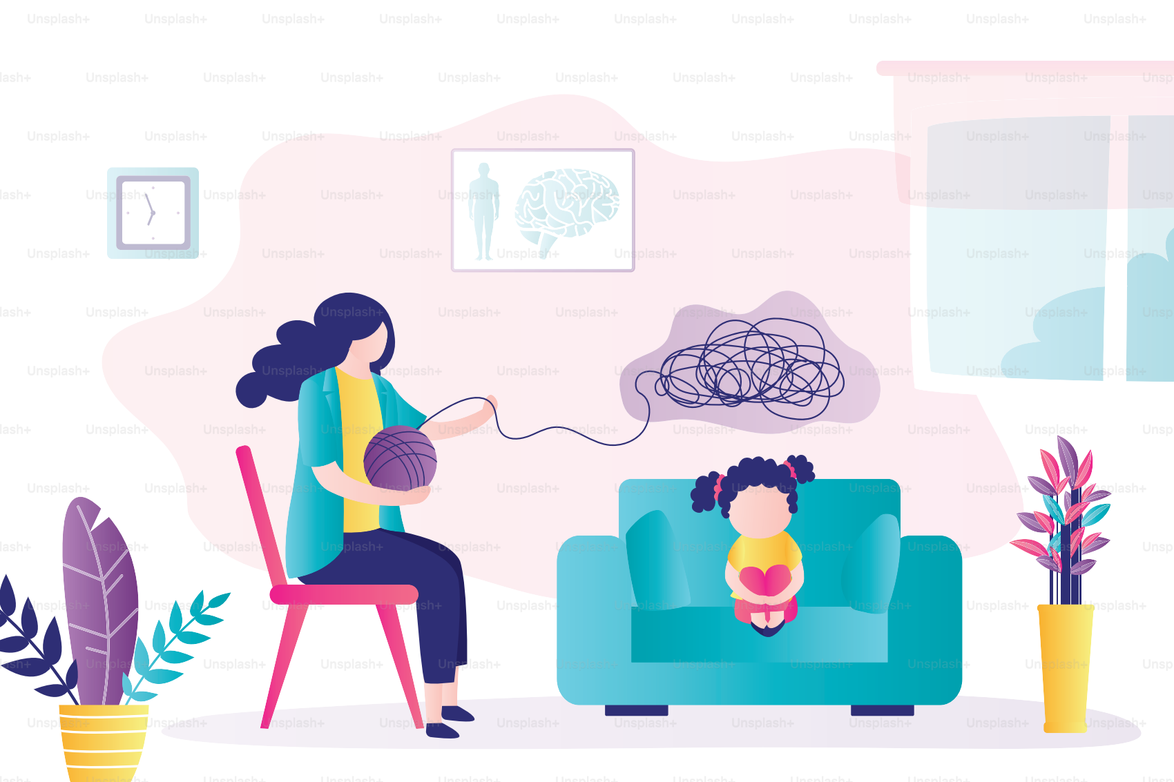 Mädchen bei Beratungsgespräch beim Psychologen. Der Arzt spricht mit dem Teenager. Psychoanalyse, professionell, löst psychische Probleme. Zimmerinnen. Weibliche Figuren im trendigen Stil. Vektorillustration
