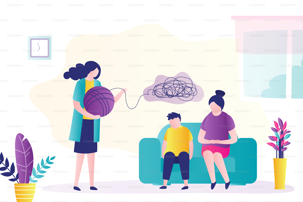 Teenager boy with mother at consultation with psychologist. Doctor is talking with kid. Psychoanalysis, professional solves mental problems. Room interior. Characters in trendy style. Flat Vector