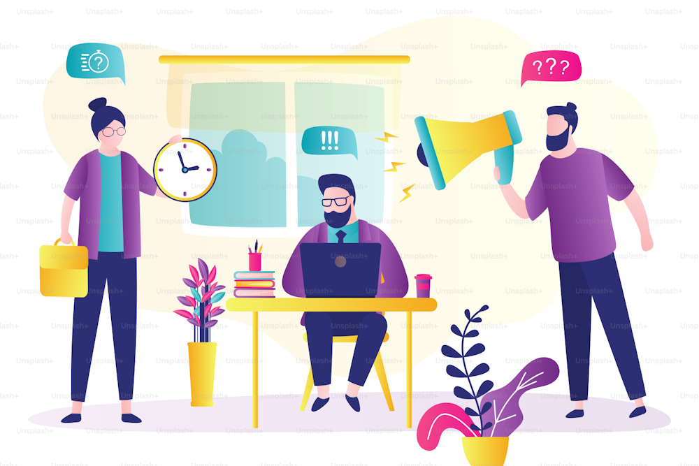 Angry boss shouts through a megaphone at his employees. Sad business man with modern laptop works. Deadline and Overwork. Time Management, Business Scheduling. Flat trendy vector illustration