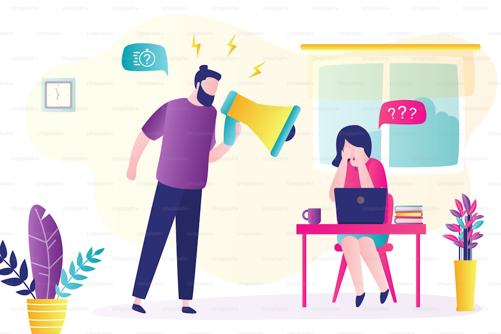 Angry male boss screams at female worker, woman cries. Toxic relationships between businesspeople, abuse concept. Problems in office. People characters in trendy style. Flat vector illustration