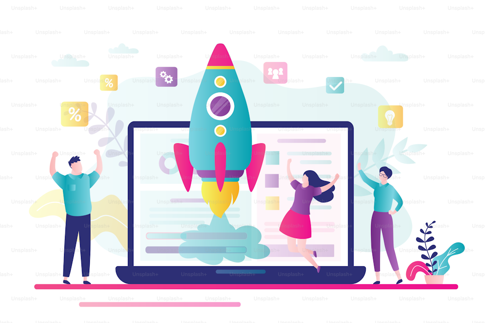 Happy developers, completion of successful business project. Creating an online startup. Rocket takeoff on screen of  laptop. Teamwork, tiny business people. Flat vector illustration