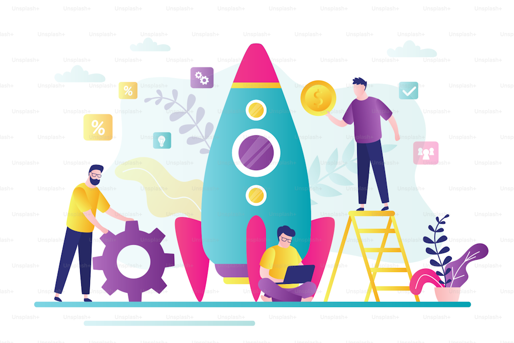 Startup development concept. Group of business people create new business. Investing in new company. Rocket getting ready to launch. Teamwork and brainstorming. Trendy style vector illustration