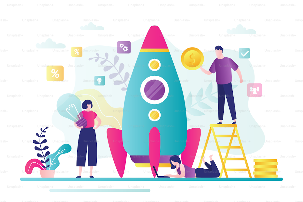 Startup development concept. Male investor with money and female character with new business idea. Teamwork, Business people create new business. Rocket getting ready to launch. Vector illustration