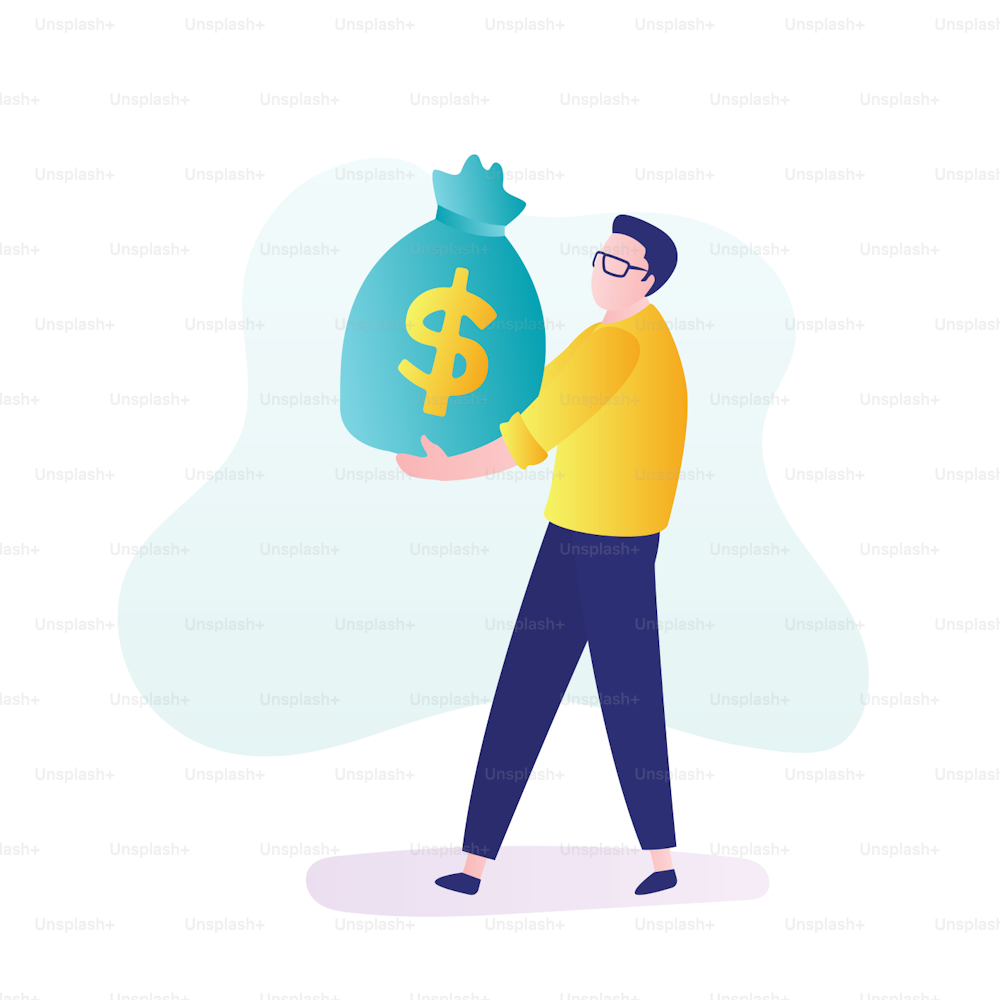 Businessman holding bag with money. Reward or profit concept. Man employee with salary. Male character in trendy style. Investor carries money to startup. Flat vector illustration