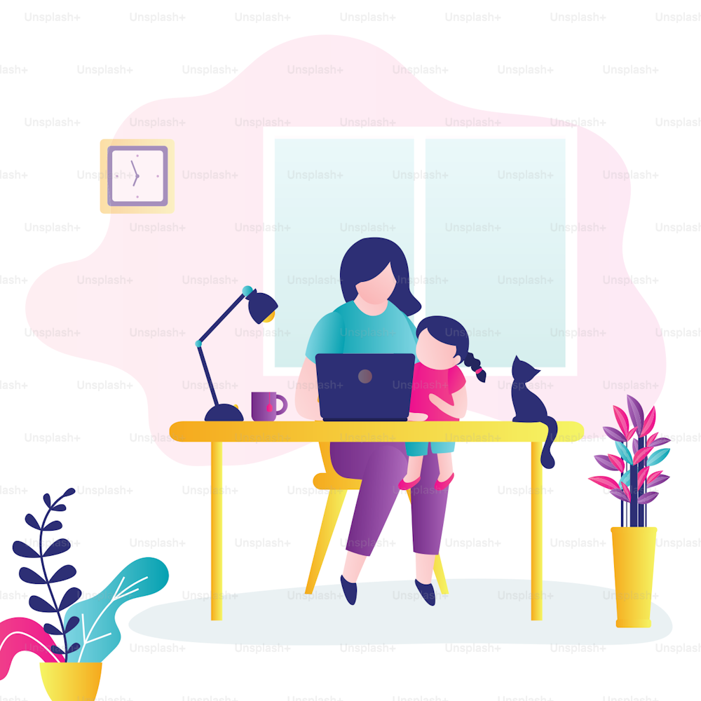 Young mother works on laptop with daughter on lap. Multitasking business woman. Remote work from home during quarantine. Home office workplace. Self-isolation with the family. Flat vector illustration