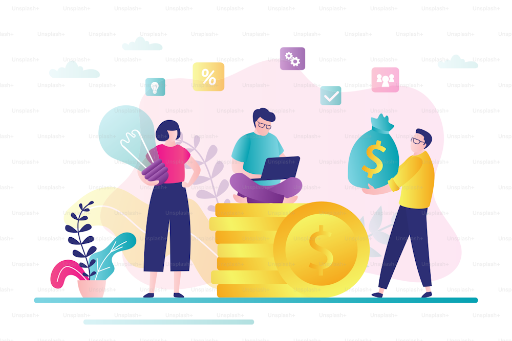 Tiny people invest money in idea. Business team discuss startup project. Concept of launch product or service. New idea, crowdfunding, partnership.Colleagues are brainstorming.Flat vector illustration