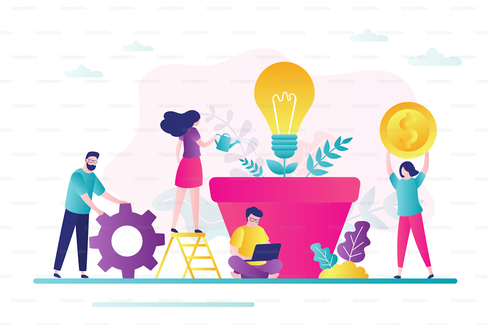 Tiny businesspeople grows business idea. Business characters invest in new idea. Concept making money. Teamwork, development project. Crowdfunding, investment in innovation. Flat vector illustration