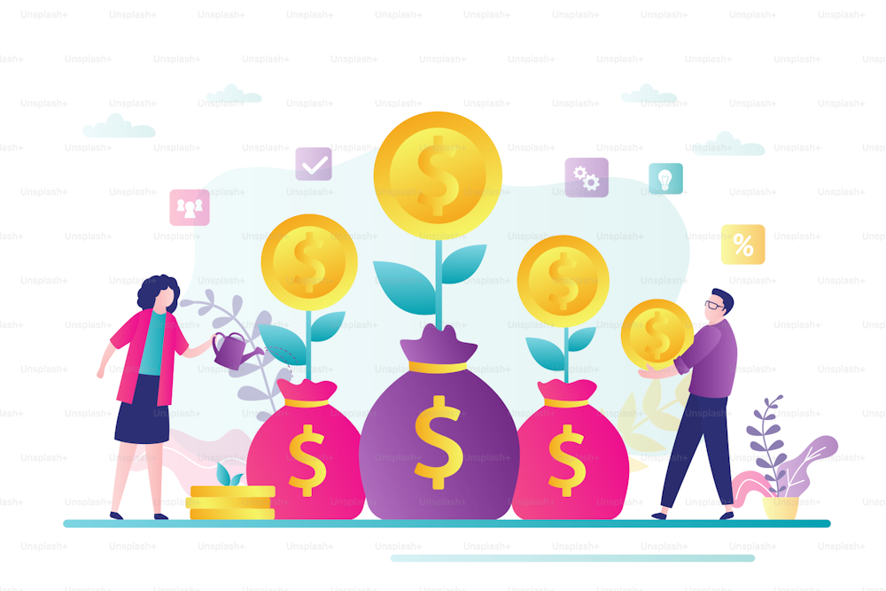 Business woman watering money tree. Businessman save money for promotion. Cartoon people investment in growth capital and profits. Investors strategy, funding concept. Trendy flat vector illustration