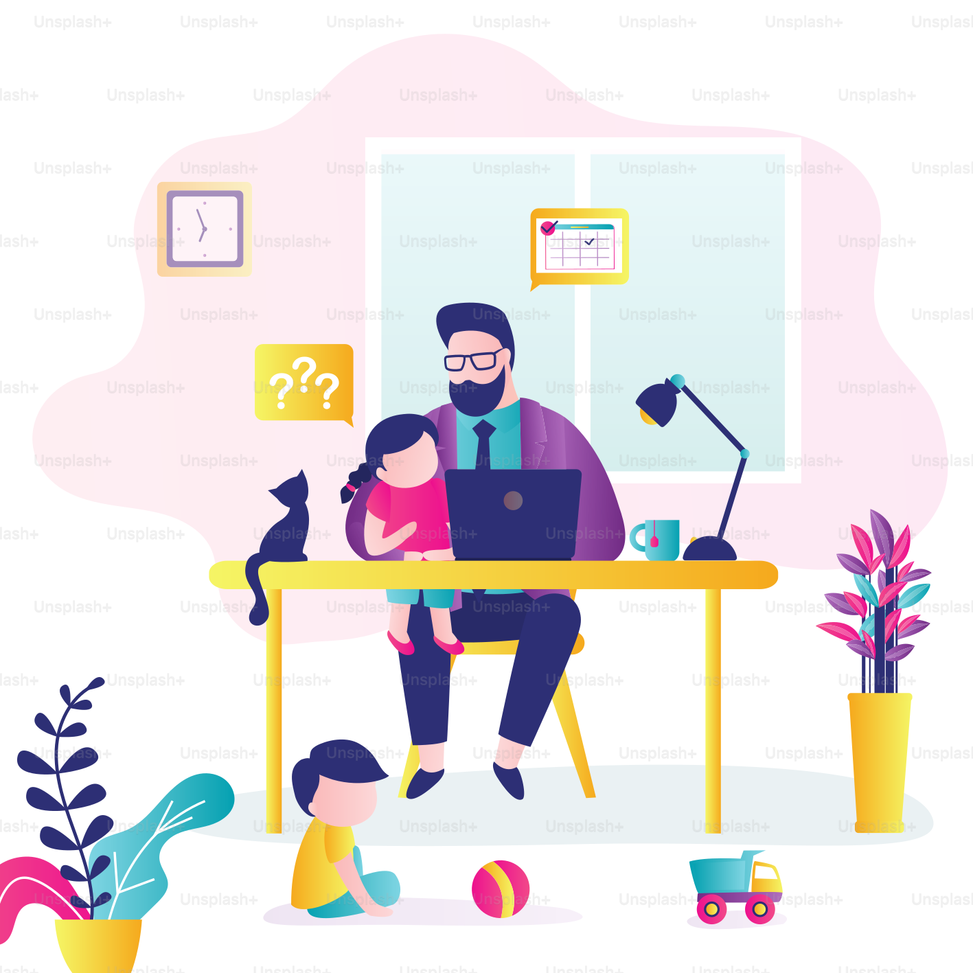 Remote work. Businessman at workplace with children. Dad canât work productively, children interfere with concentration. Multitasking concept. Room interior. Family on quarantine. Vector illustration