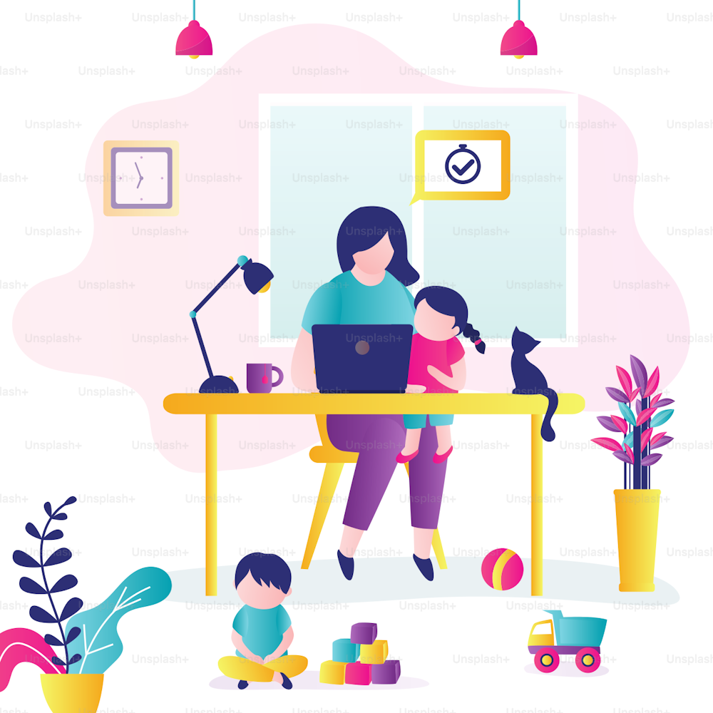 Remote work. Woman at workplace with children. Mom canât work productively, children interfere with concentration. Multitasking concept. Room interior. Family on quarantine. Flat Vector illustration