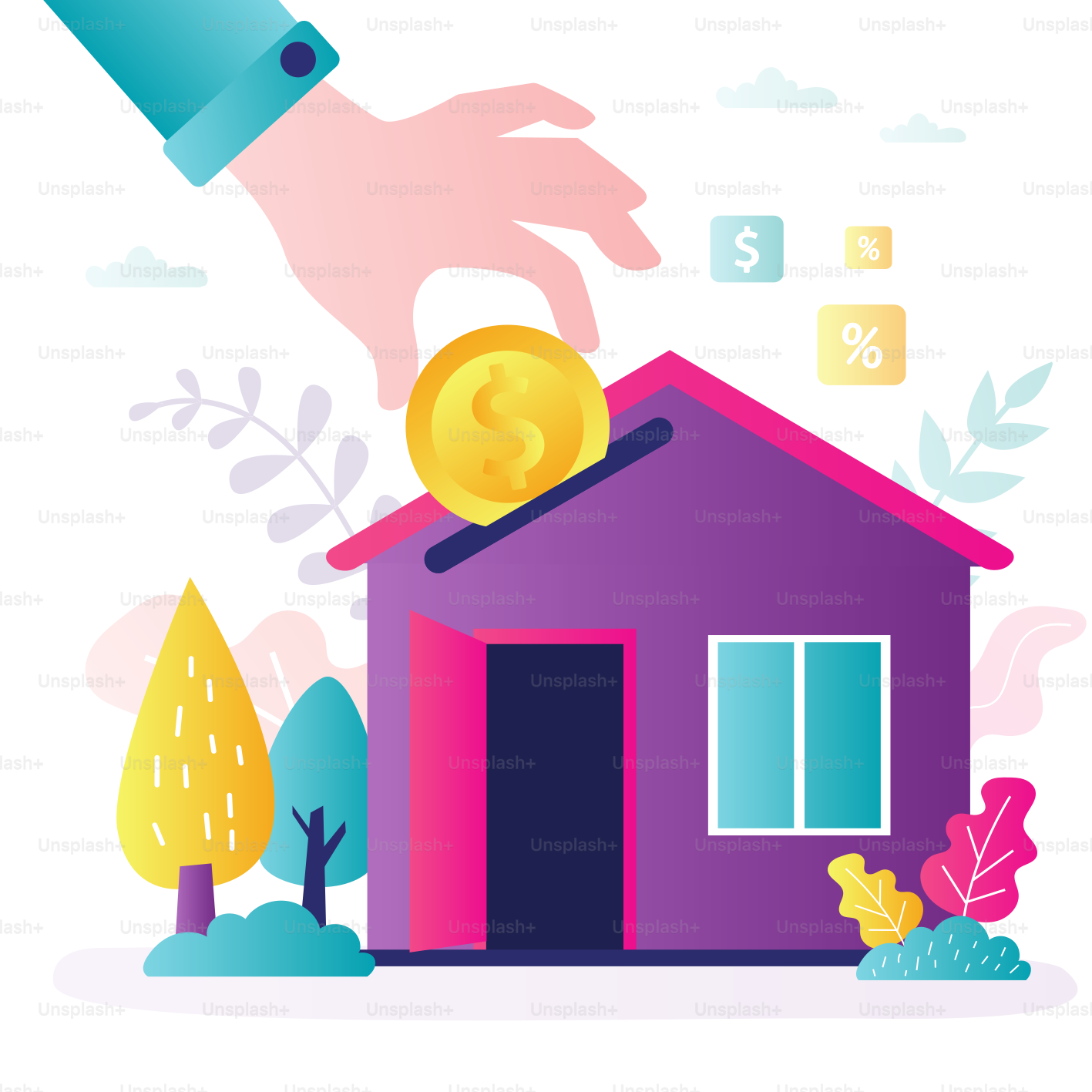 La mano degli affari mette la moneta in casa. Risparmiare denaro per gli investimenti immobiliari. Concetto di investimento. Acquisto di un immobile, aumento di capitale. Redditi da locazione, mutuo per la casa, debito ipotecario. Illustrazione vettoriale piatta