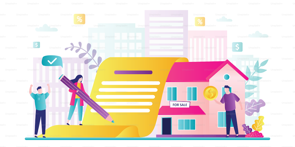 Happy couple signs loan agreement. Buying  property in mortgage. Bank clerk gives credit money. Modern house for sale, urban view on background. People characters in trendy style. Vector illustration