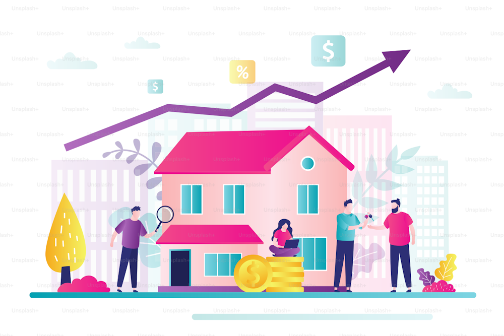 Saving money concept. Company or investment fund invests in real estate. Buying property, capital increase. Rental income, house loan, mortgage debt. Growing profit chart. Flat vector illustration