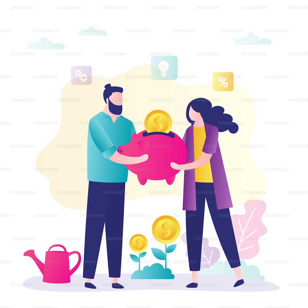Couple saves money in piggy bank. Team invests money in startup project. Concept start up capital. Idea of business investment, increase and growth. Future financial planning. Flat vector illustration