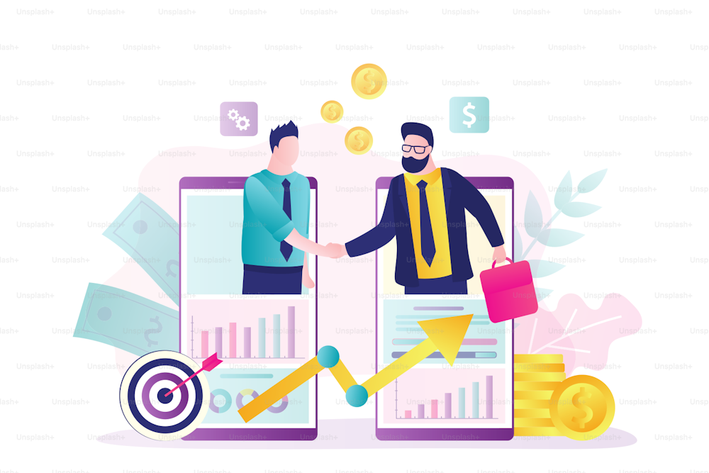 Business partners make deal. B2B connection, mobile technology. Successful negotiations, businesspeople handshake. Agreement, partnership and teamwork. Equity Market Investments. Vector illustration