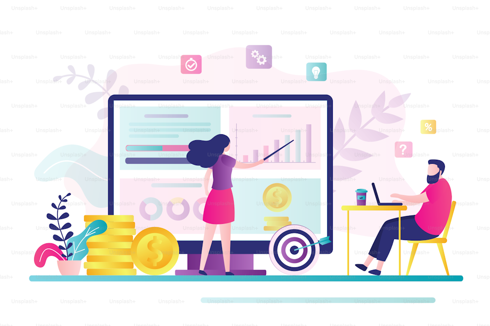 Female financial advisor provides analytics to businessman on monitor screen. Male client consult about invest strategy, finance planning. Analysis and money management concept. Vector illustration