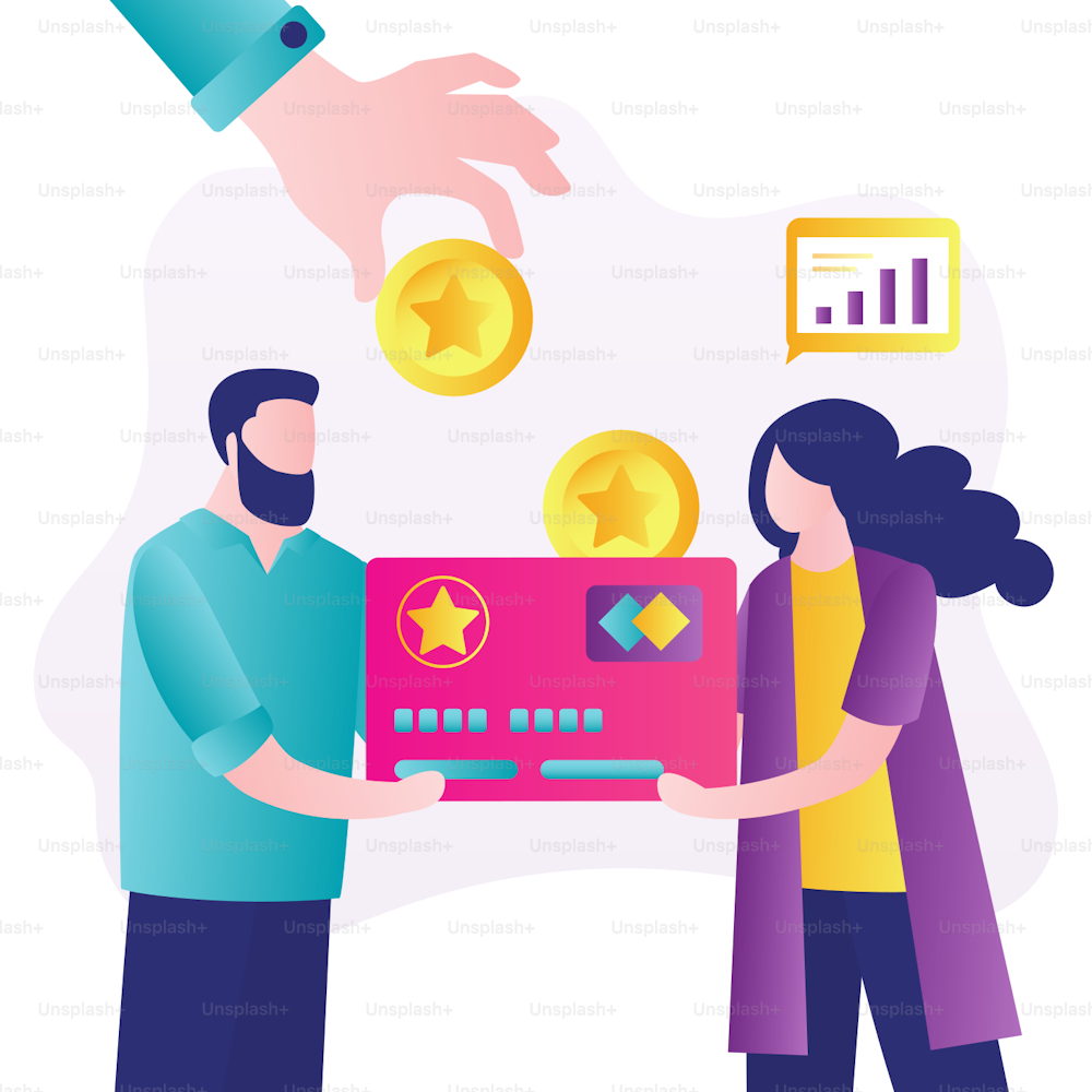 Man and woman hold bonus card. Clients loyalty programs as part of customer return marketing. Increase in points on discount card. Hand throws golden coins. Cashback concept. Flat vector illustration