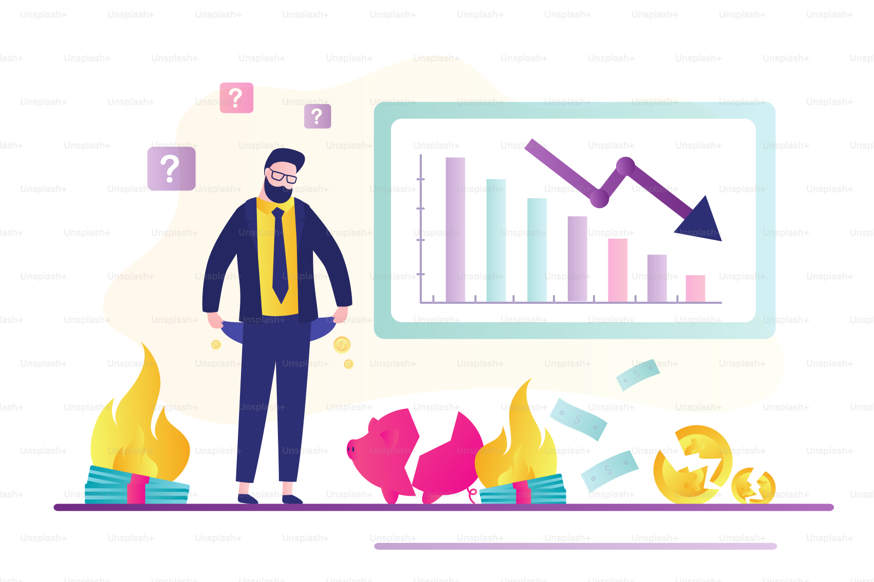 En bancarrota con los bolsillos vacíos. Crisis global, problemas financieros y bancarrota. Tabla de flechas hacia abajo. Empresario perdiendo todos los ahorros, inflación. Concepto de problemas empresariales. Ilustración vectorial plana