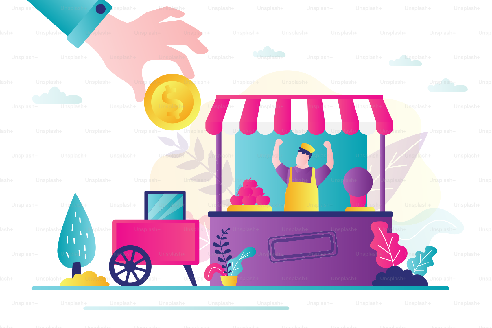 Big hand gives gold coin to small business. Local business support, insurance concept. Direct targeted financial assistance. Fruit stall and male worker. Lending, subsidies and tax cuts. Flat Vector