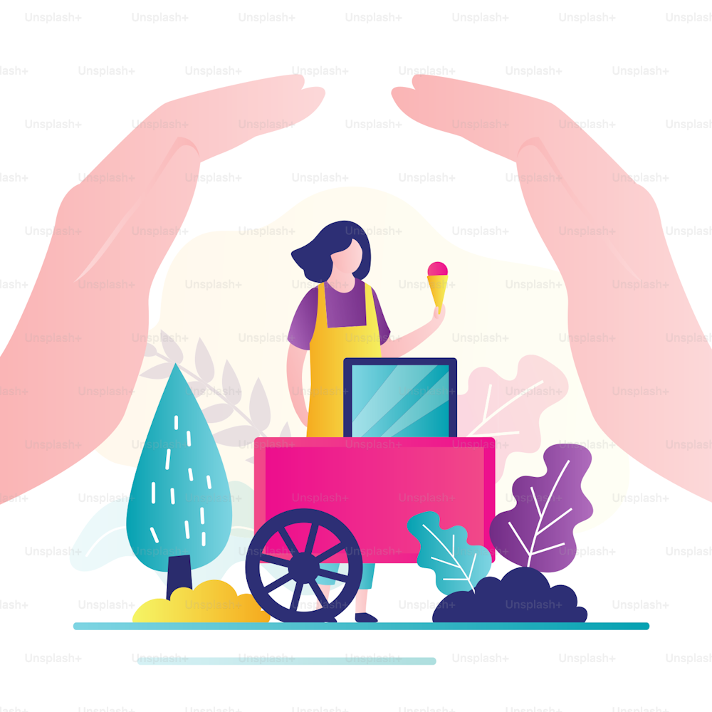 Big hands covering shop with businesswoman. Small business support, insurance concept. Financial crisis protection. Ice cream cart and female worker. Flat Vector illustration