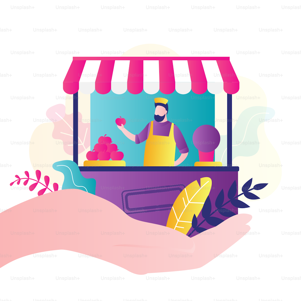 Big hand hold shop with businessman. Small business support, insurance concept. Global economic crisis and financial problems. Fruit stall and male worker. Lending, subsidies and tax cuts. Flat Vector