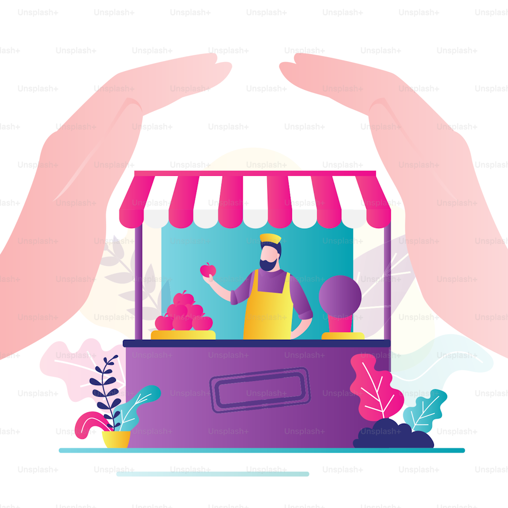 Big hands covering shop with businessman. Small business support, insurance concept. Financial crisis protection. Fruit stall and male worker. Lending, subsidies and tax cuts. Flat Vector illustration