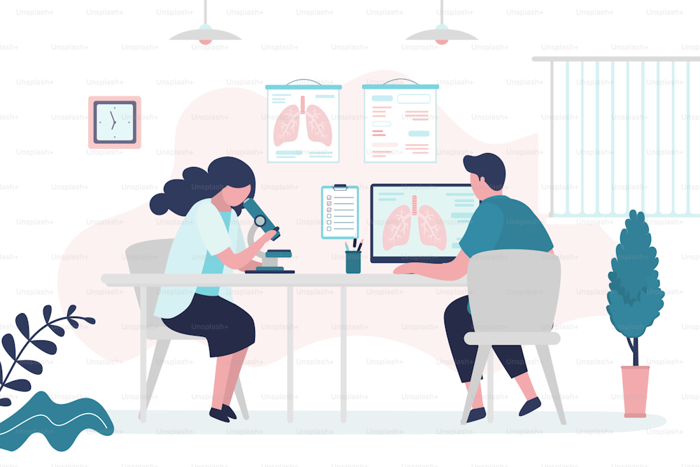 Pulmonologists identify diseases in lungs. Medical staff examines lungs with equipment. Respiratory organ on laptop screen. Interior of cabinet or office. Healthcare concept. Flat vector illustration
