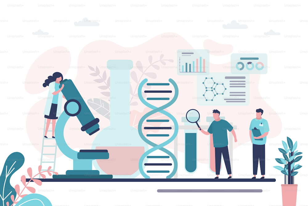 Team of pharmacists conducts drug research. Male character with magnifying glass examines dna. Group of scientists working in medical laboratory. Medicine, pharmaceutics concept. Vector illustration