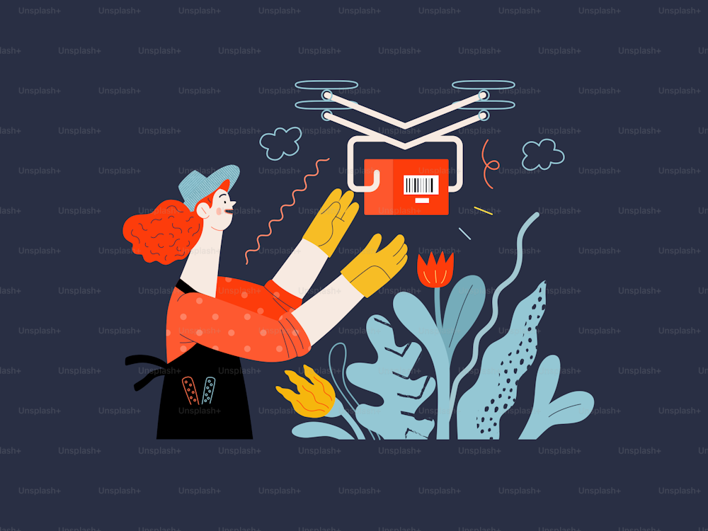 Descuentos, venta, promoción - entrega - moderno concepto de vector plano delineado ilustración de una mujer haciendo un trabajo de jardinería, usando delantal y guantes, recibiendo un pedido en línea enviado con un dron