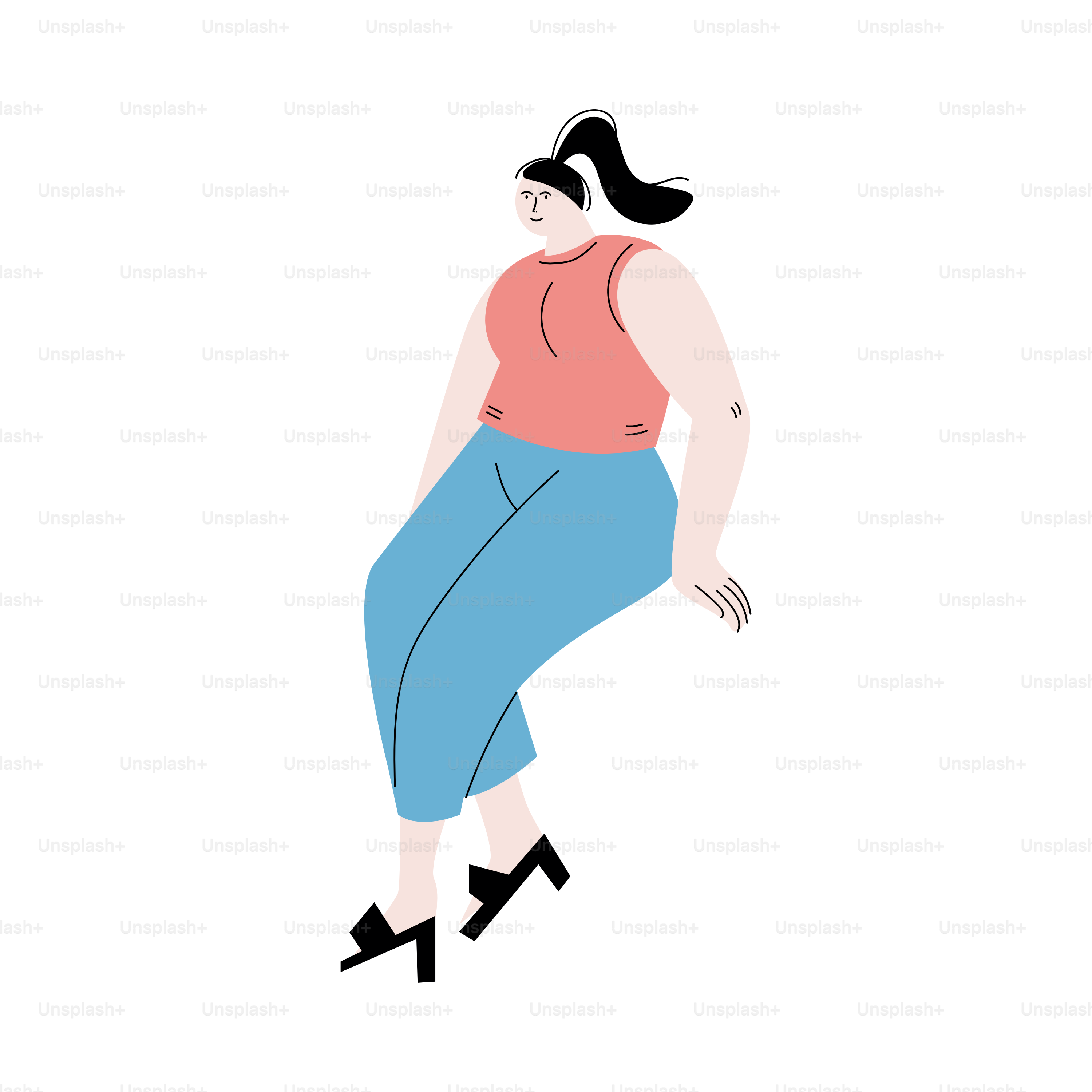 Black-haired overweight woman posing in blue pants and in the red t-shirt. Happy body positive people in casual clothes concept. Isolated vector illustration on a white background in cartoon style.