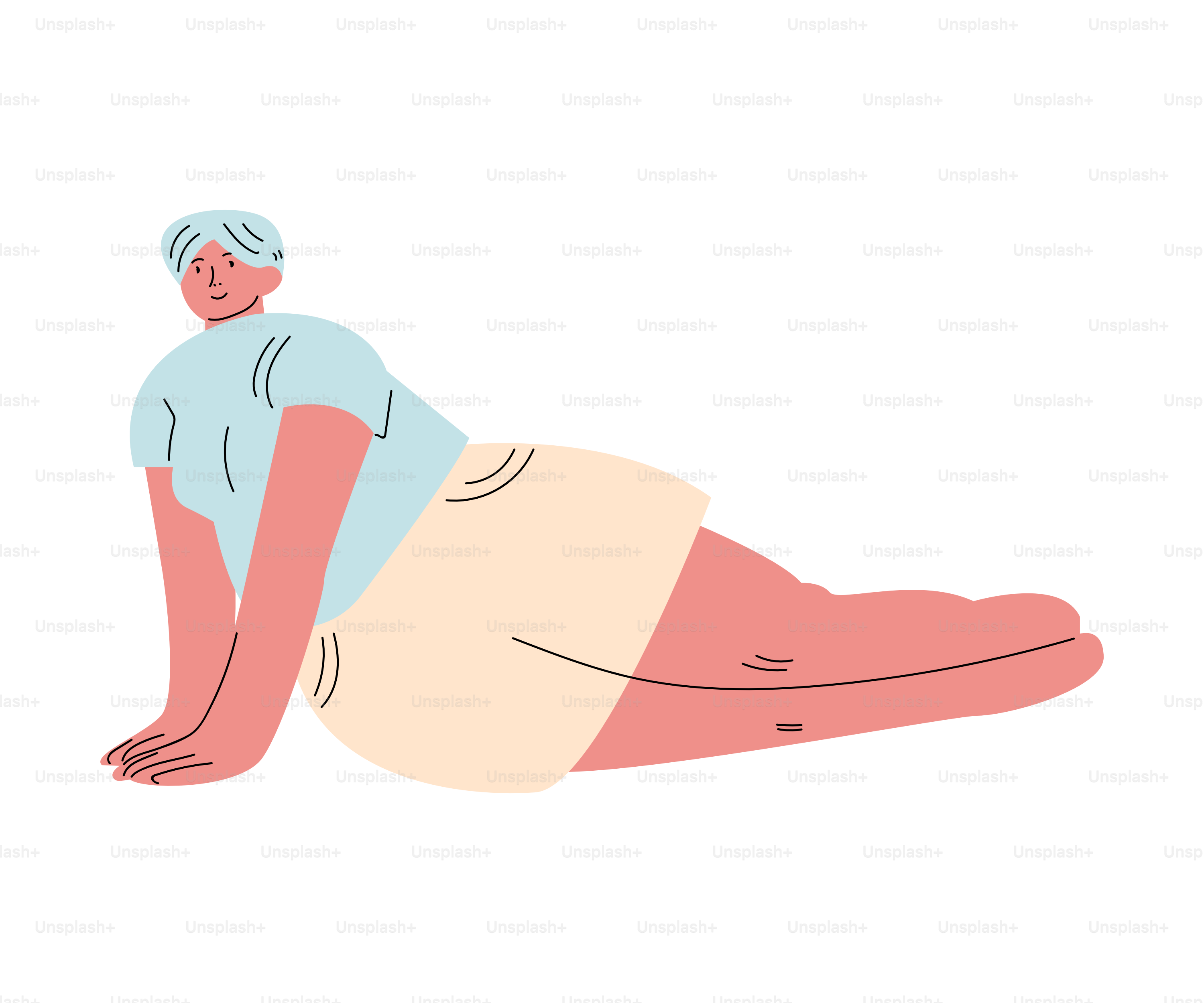 Mulher de cabelos pretos, acima do peso, de shorts bege, deitada sobre as mãos. Conceito de pessoas positivas com o corpo e roupas casuais. Ilustração vetorial isolada sobre fundo branco no estilo cartoon.