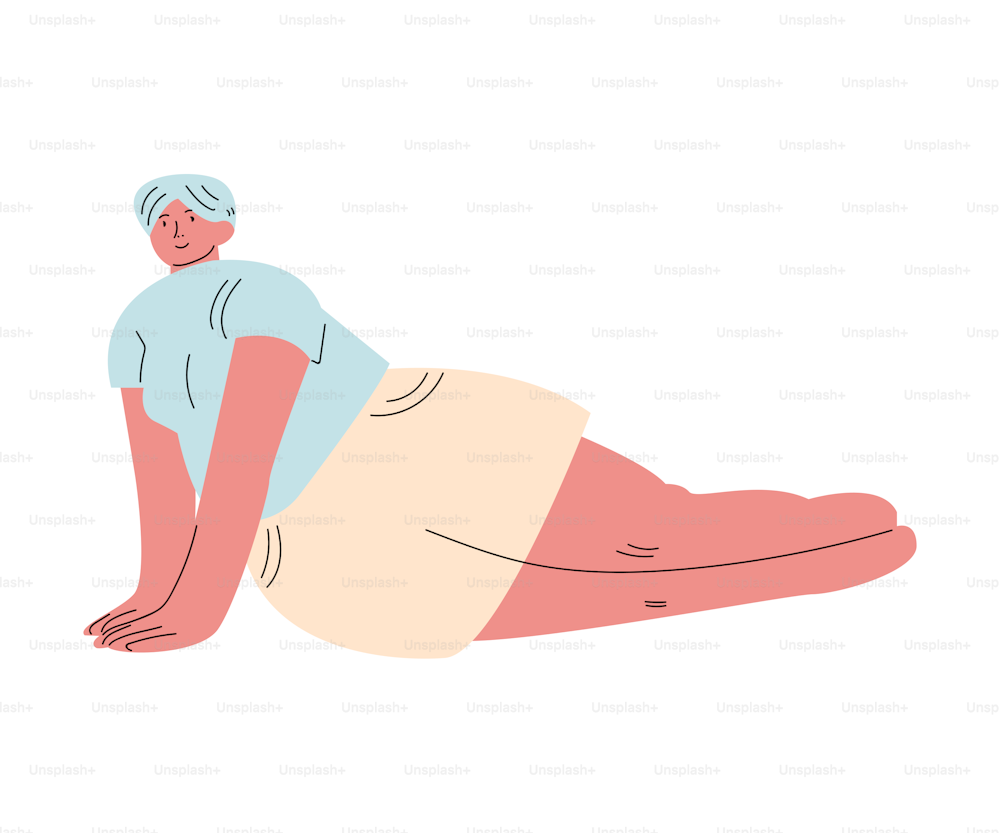 Black-haired overweight woman in beige shorts lying on hands. Body positive people in casual clothes concept. Isolated vector illustration on a white background in cartoon style.