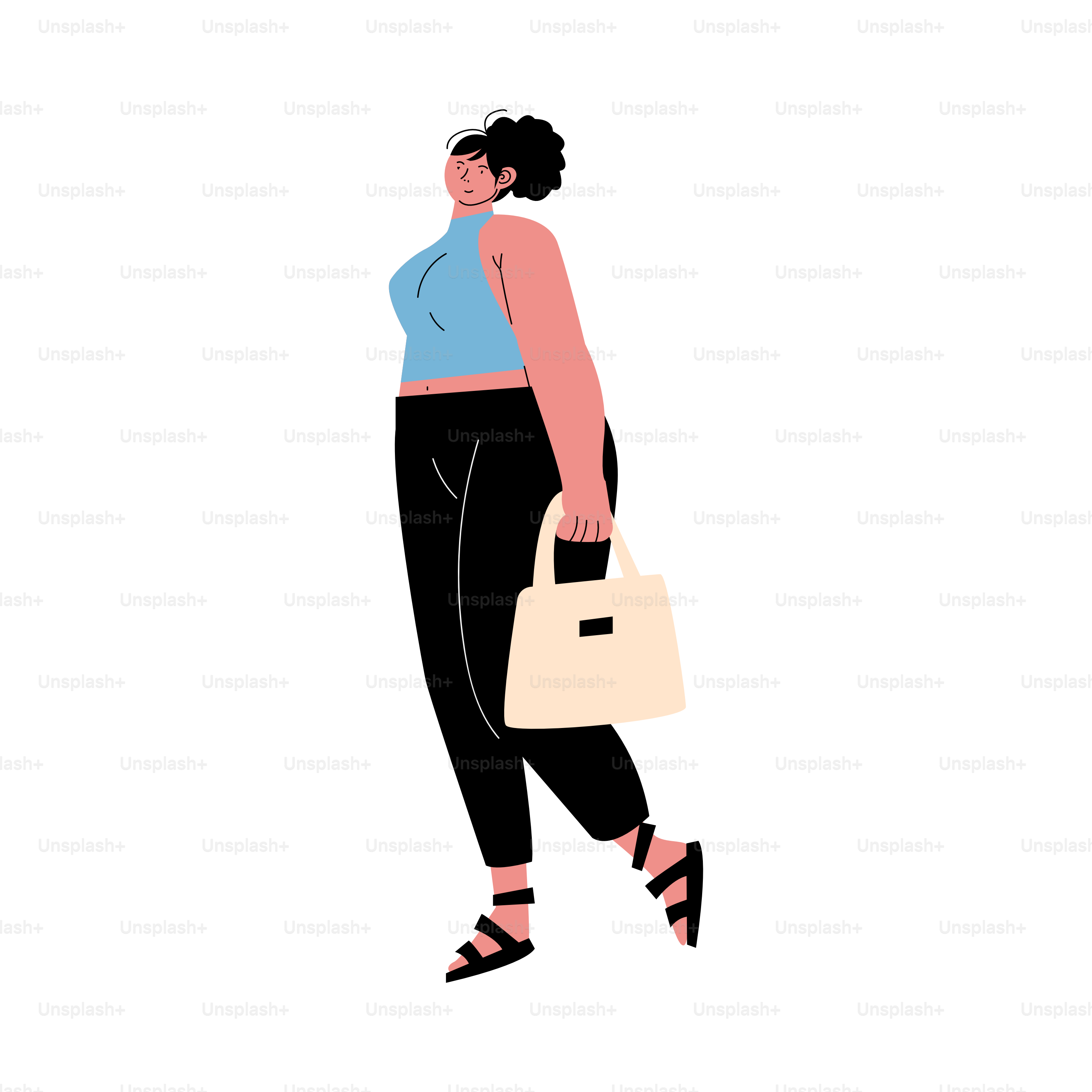 Femme noire en surpoids posant en pantalon noir et en t-shirt bleu. Concept de personnes positives pour le corps heureux en vêtements décontractés. Illustration vectorielle isolée sur fond blanc dans le style cartoon.