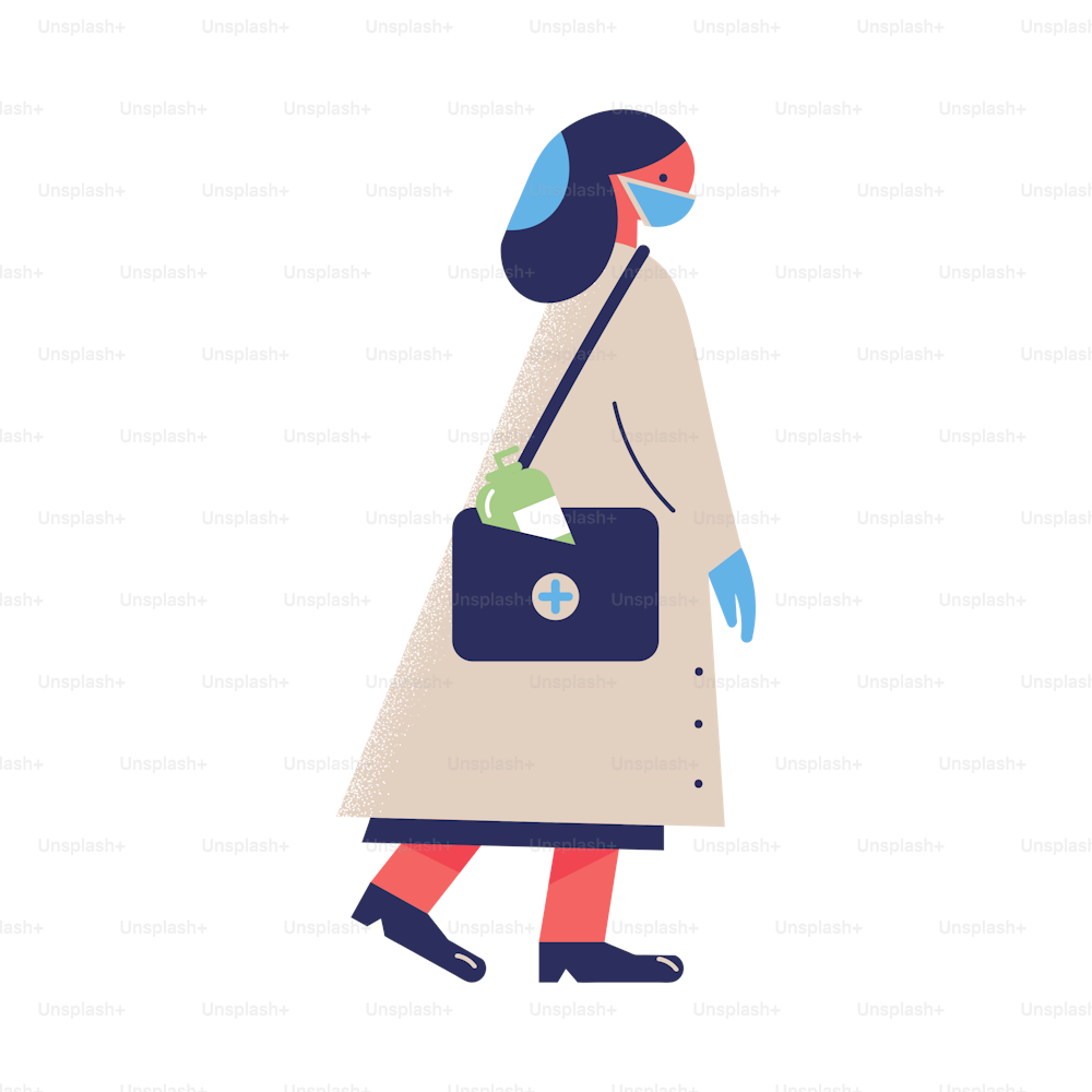 Hand drawn young woman wearing protective medical mask, gloves and carrying sanitizer to protect from coronavirus over white background vector illustration. Coronavirus pandemic concept