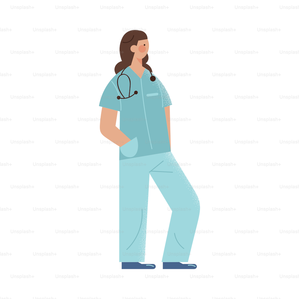 Hand drawn young woman medical worker in personal protective uniform working during coronavirus infection outbreak over white background vector illustration. Doctors during Coronavirus pandemic
