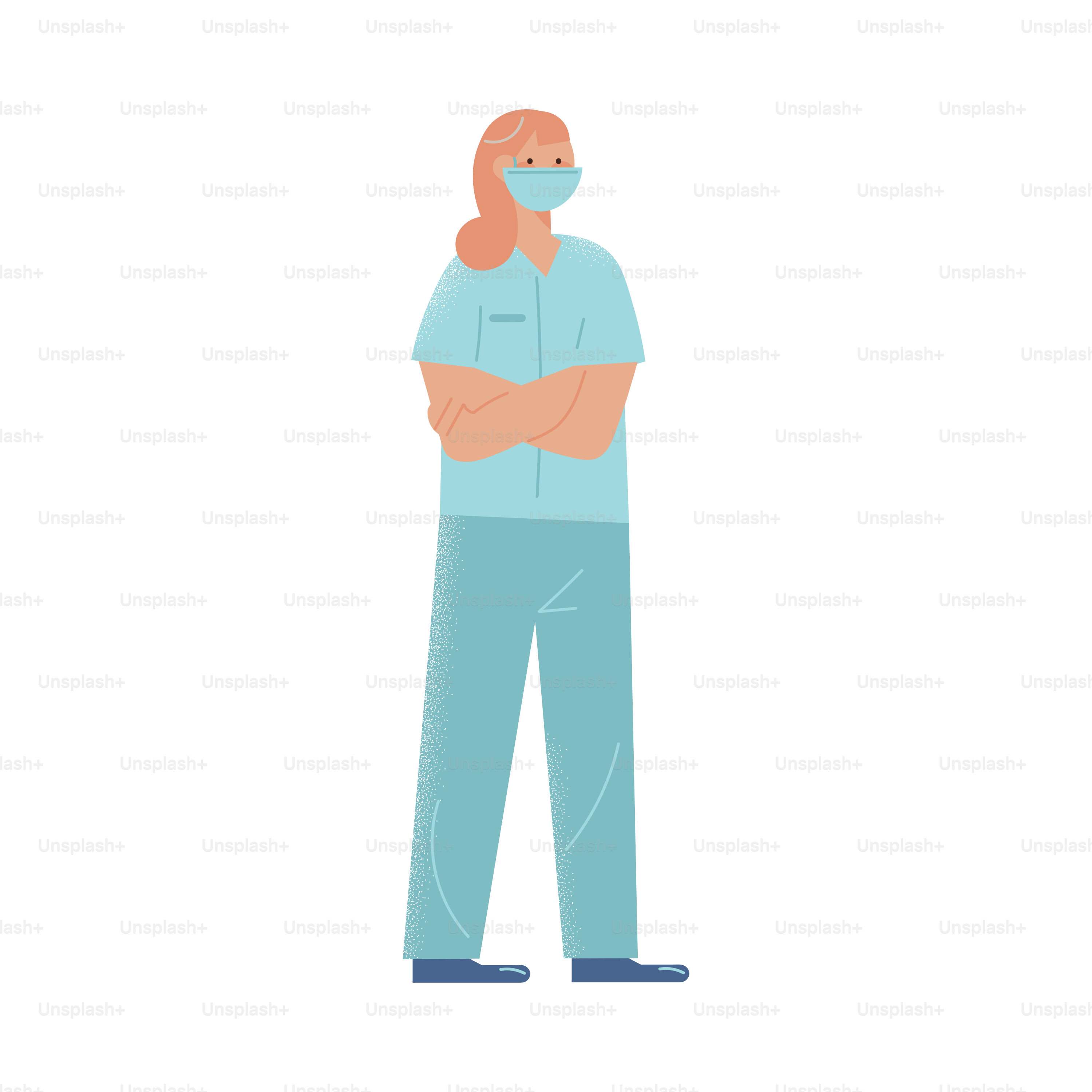 Hand drawn young woman medical worker in uniform and protective mask working during coronavirus infection outbreak over white background vector illustration. Doctors during Coronavirus pandemic