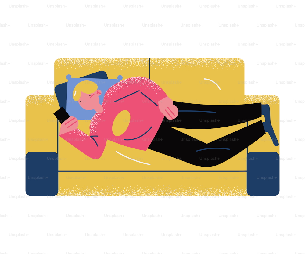Hand drawn boy lying on sofa with smartphone and staying at home during quarantine and pandemic of coronavirus over white background vector illustration. Self isolation at home life concept