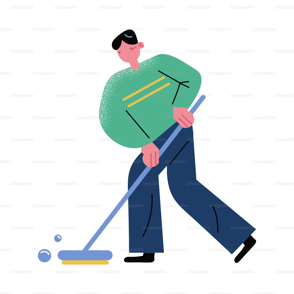 Hand drawn boy cleaning floor and staying at home during quarantine and pandemic of coronavirus over white background vector illustration. Self isolation at home life concept