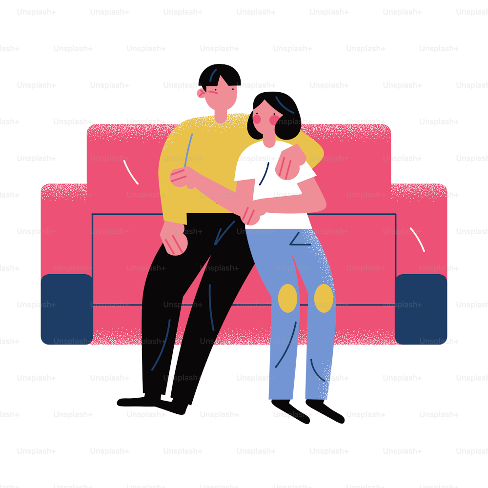 Hand drawn young couple sitting on coach and staying at home during quarantine and pandemic of coronavirus over white background vector illustration. Self isolation at home life concept
