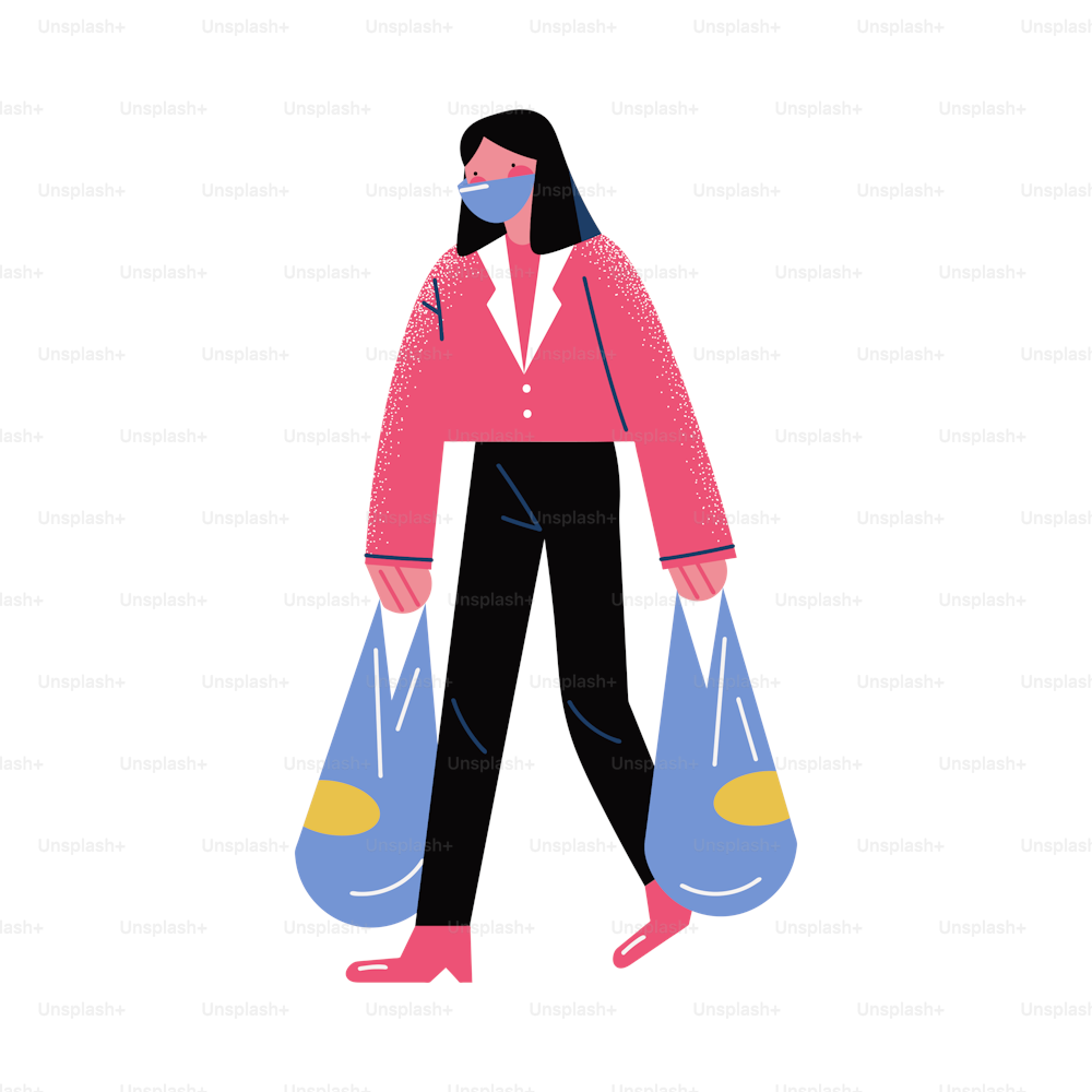 Mujer joven dibujada a mano cargando bolsas de compras con comida y quedándose en casa durante la cuarentena y la pandemia de coronavirus sobre una ilustración vectorial de fondo blanco. Concepto de autoaislamiento en la vida en el hogar