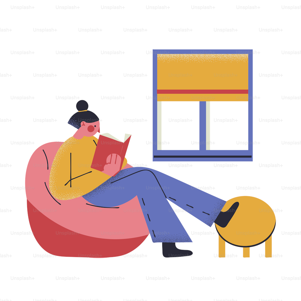 白い背景に手描きの若い女の子が肘掛け椅子で本を読み、コロナウイルスのパンデミック時に家にいる。家庭生活のコンセプトでの自己隔離