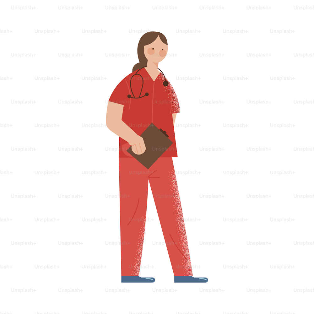 Hand drawn young woman medical worker in red uniform working during coronavirus infection outbreak over white background vector illustration. Doctors during Coronavirus pandemic