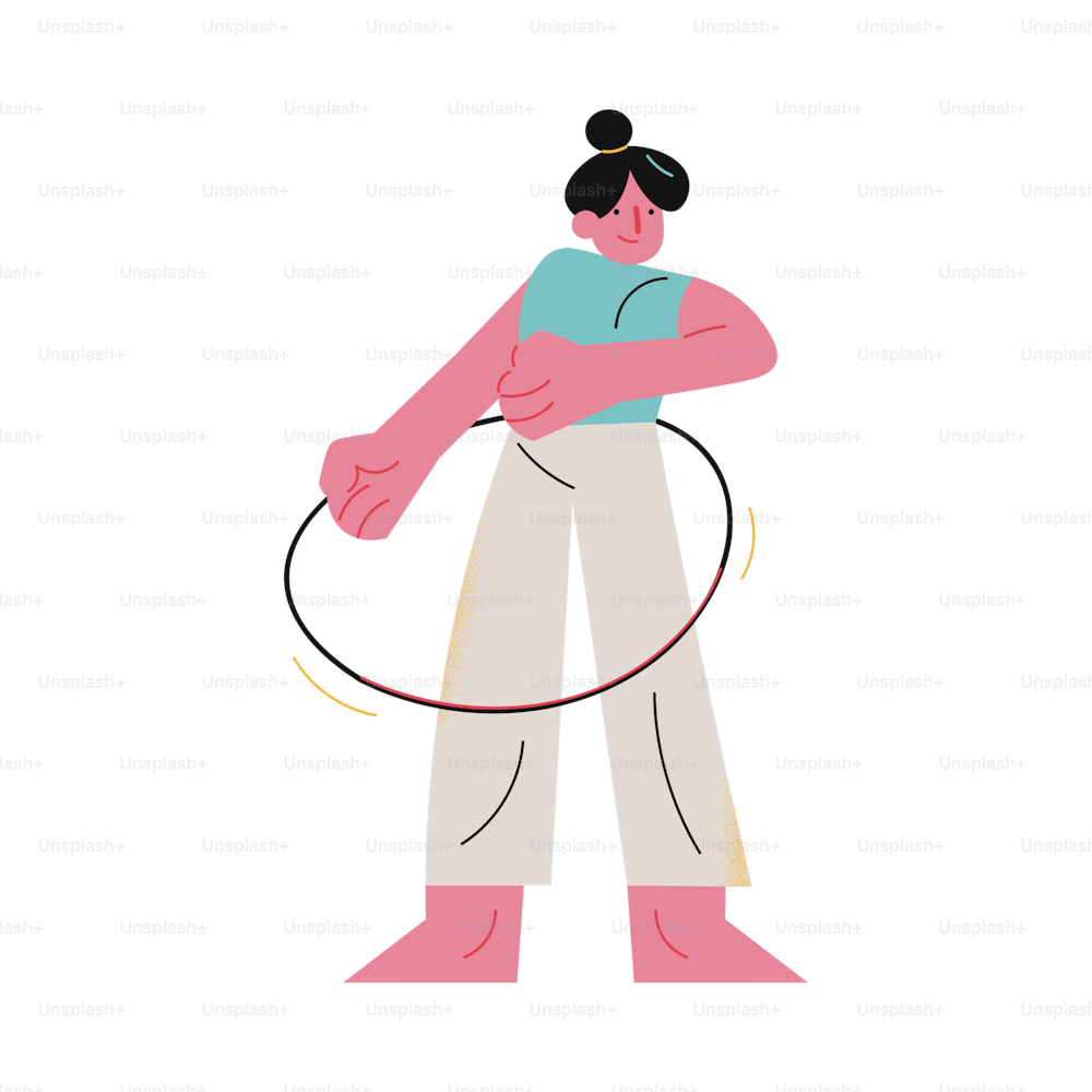 Hand drawn young woman making sport exercices with hoop at home during coronavirus pandemic and isolation over white background vector illustration. Sport at home concept